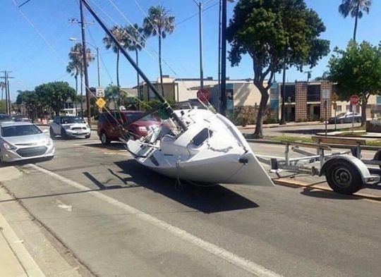 Trailer yacht on road